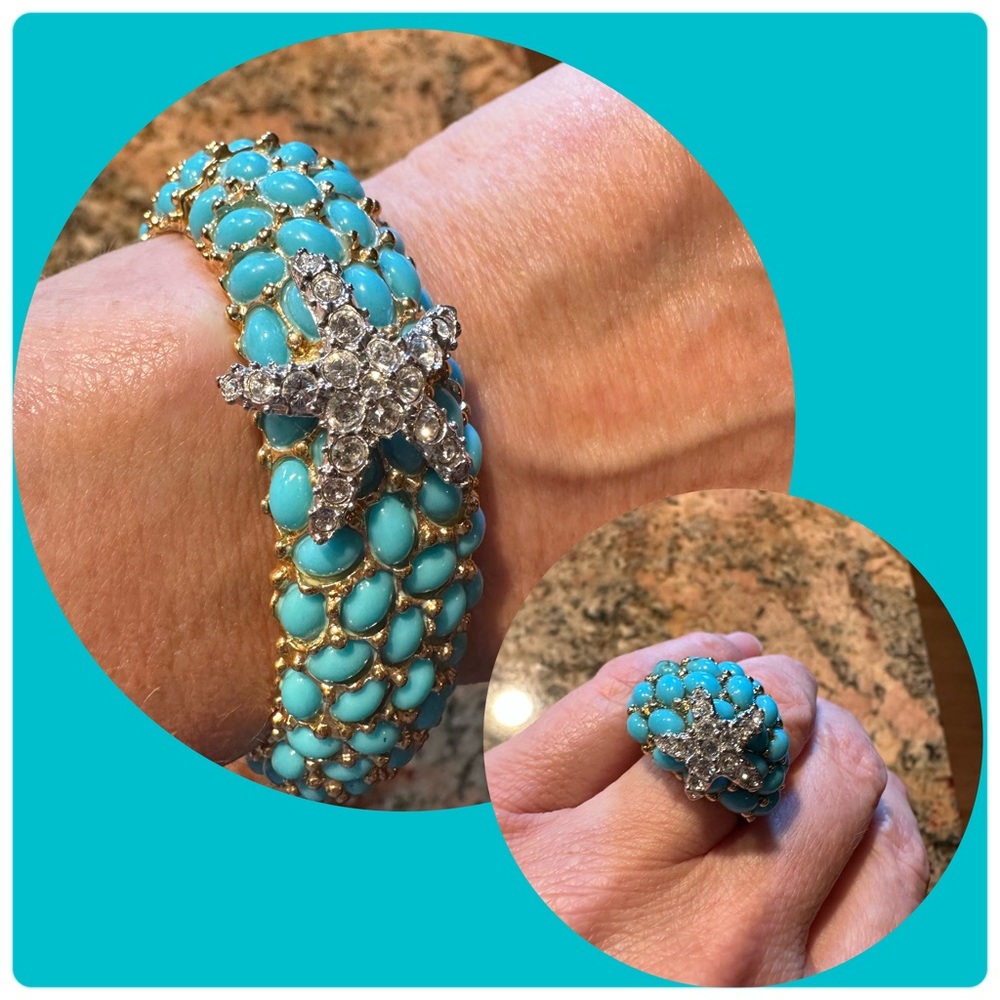 Kenneth Jay Lane hinged bracelet + ring w/ turquoise colored stones & starfish🩵
